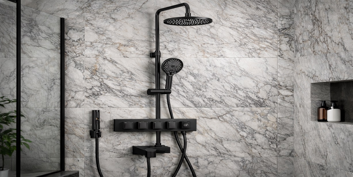 Matte black thermostatic shower set with valve